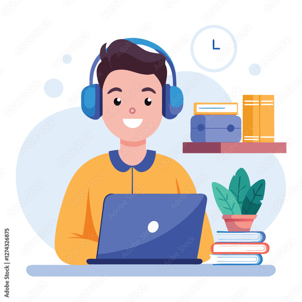 man in headphones, studying at laptop. Happy female student watching business webinar. Video conference call, remote work communication. Flat vector illustration isolated on white background man in headphones, studying at laptop. Happy female student watching business webinar. Video conference call, remote work communication. Flat vector illustration isolated on white background