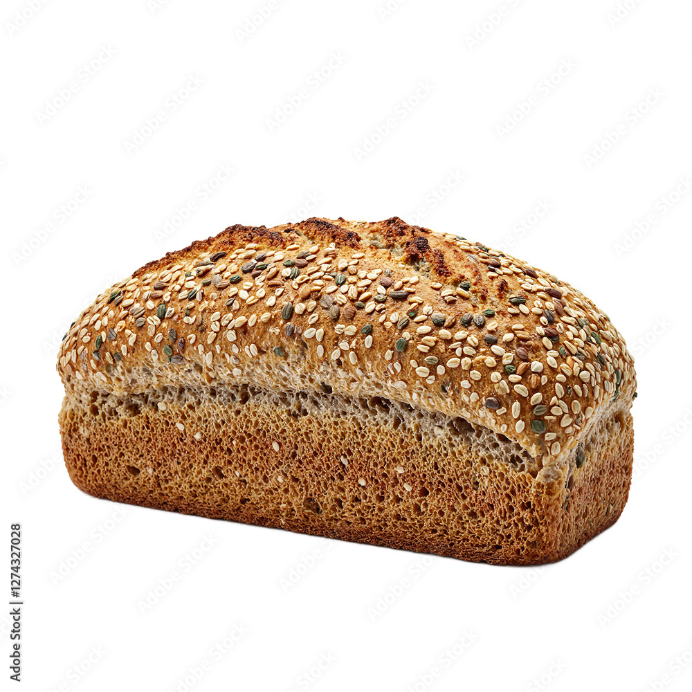 Freshly baked multigrain bread loaf with seeds and grains textured crust white backdrop Freshly baked multigrain bread loaf with seeds and grains textured crust white backdrop