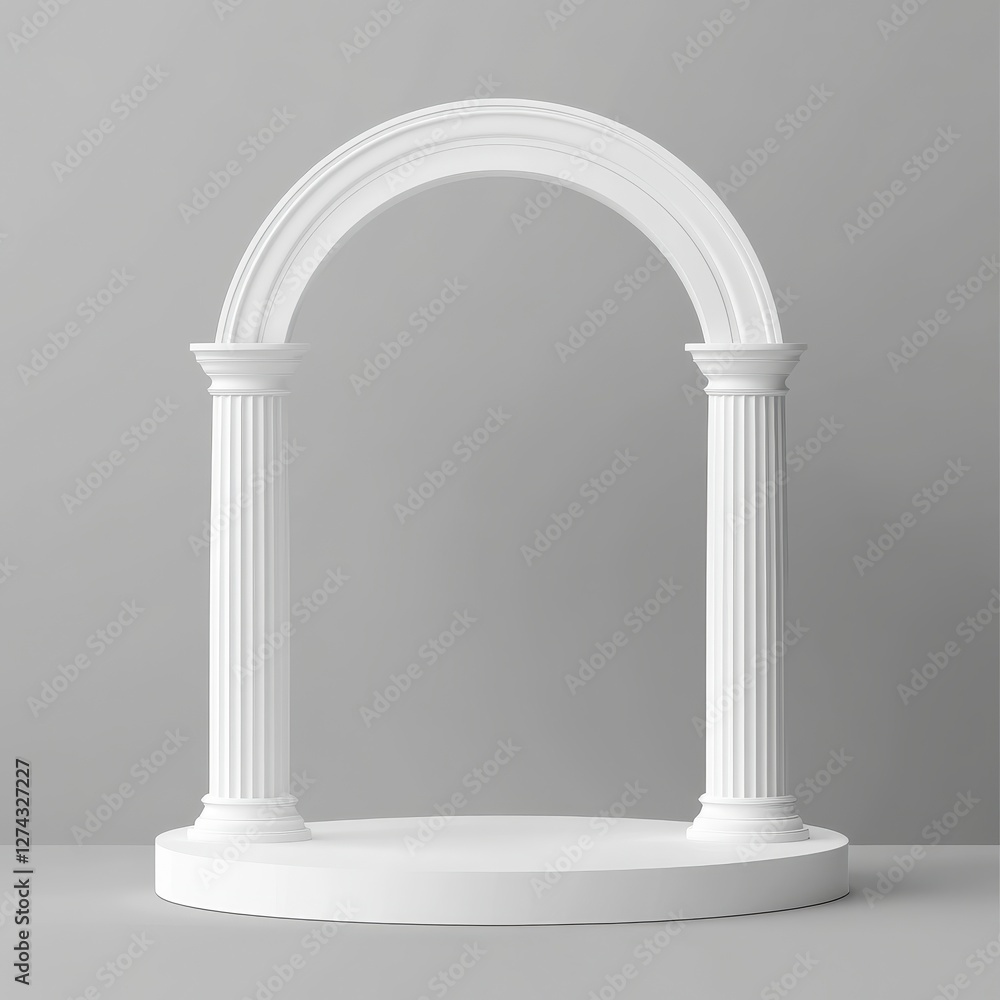 Elegant White Archway With Fluted Columns Against A Soft Gray Background Elegant White Archway With Fluted Columns Against A Soft Gray Background