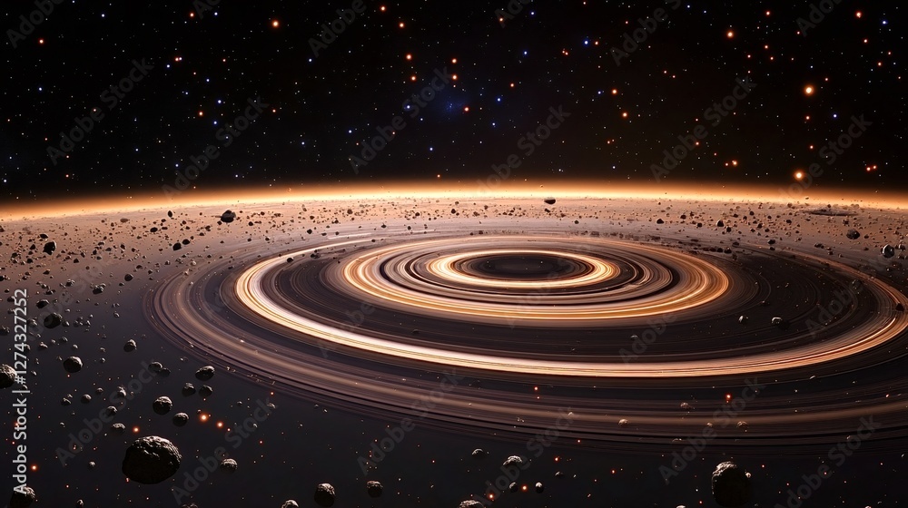 Fototapeta premium Beautiful depiction of cosmic rings surrounded by asteroids in the vastness of deep space, showcasing the wonders of astronomy and the universe's intricate celestial formations