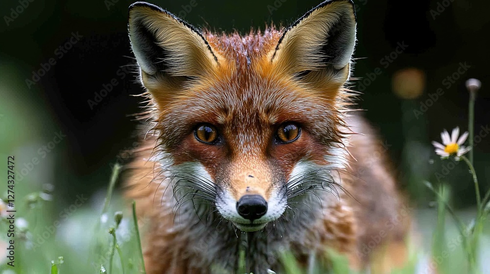 Fototapeta premium A close-up of a red fox's face with its sharp eyes and vibrant fur against a blurred forest backdrop with room for text. Portrait red fox .
