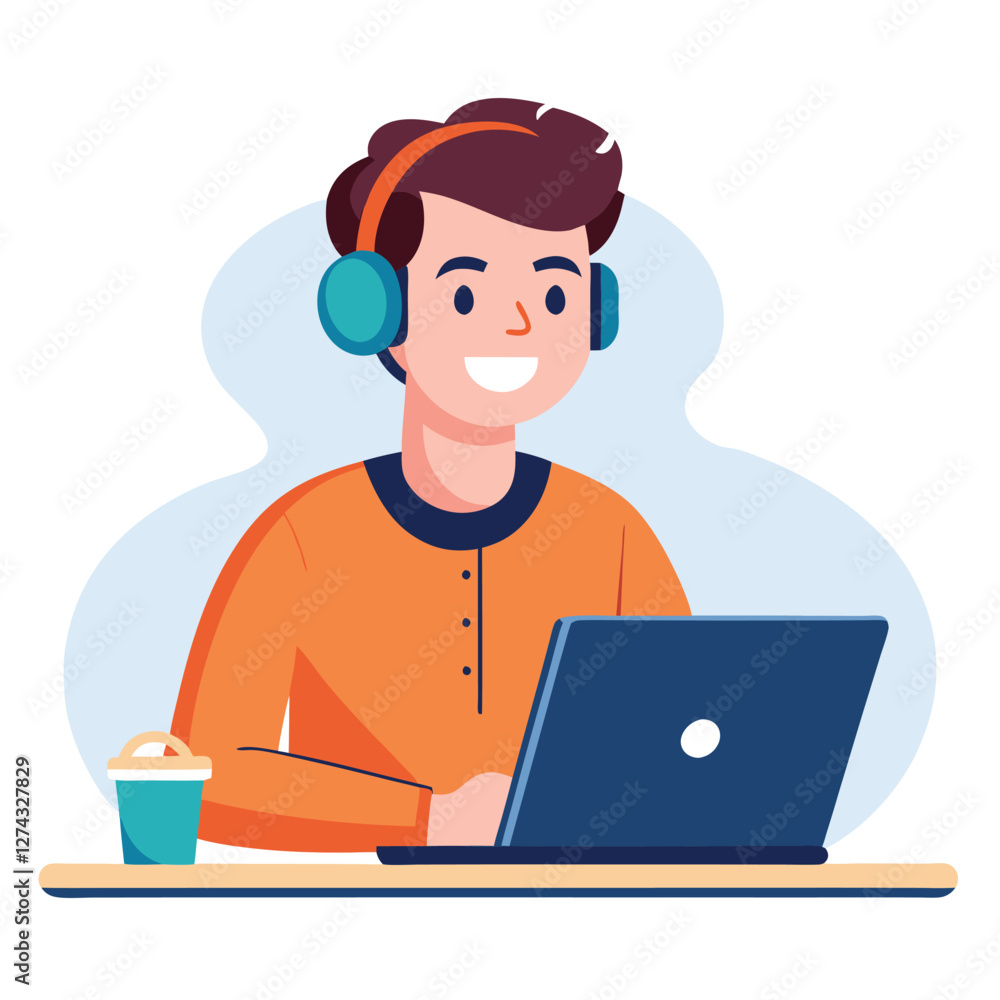 man in headphones, studying at laptop. Happy female student watching business webinar. Video conference call, remote work communication. Flat vector illustration isolated on white background man in headphones, studying at laptop. Happy female student watching business webinar. Video conference call, remote work communication. Flat vector illustration isolated on white background