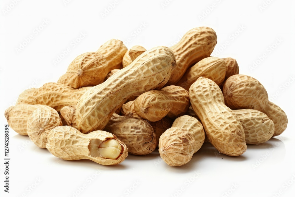 Pile of peanuts on white background in natural light. Neural network AI generated Pile of peanuts on white background in natural light. Neural network AI generated