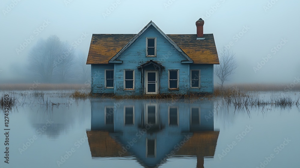 Fototapeta premium Partially submerged house standing in a vast floodplain with a moody sky above and peaceful reflections on the still water The scene is captured in soft blue gray tones