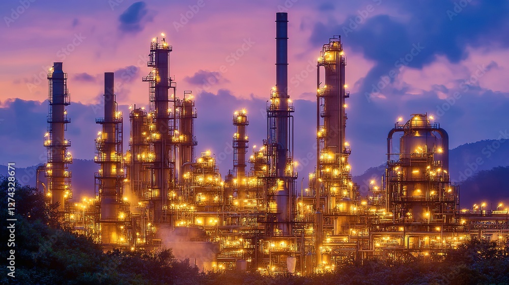 Obraz premium refinery - chemical factory at night with buildings, pipelines and lighting - industrial plant. View gas processing factory. .