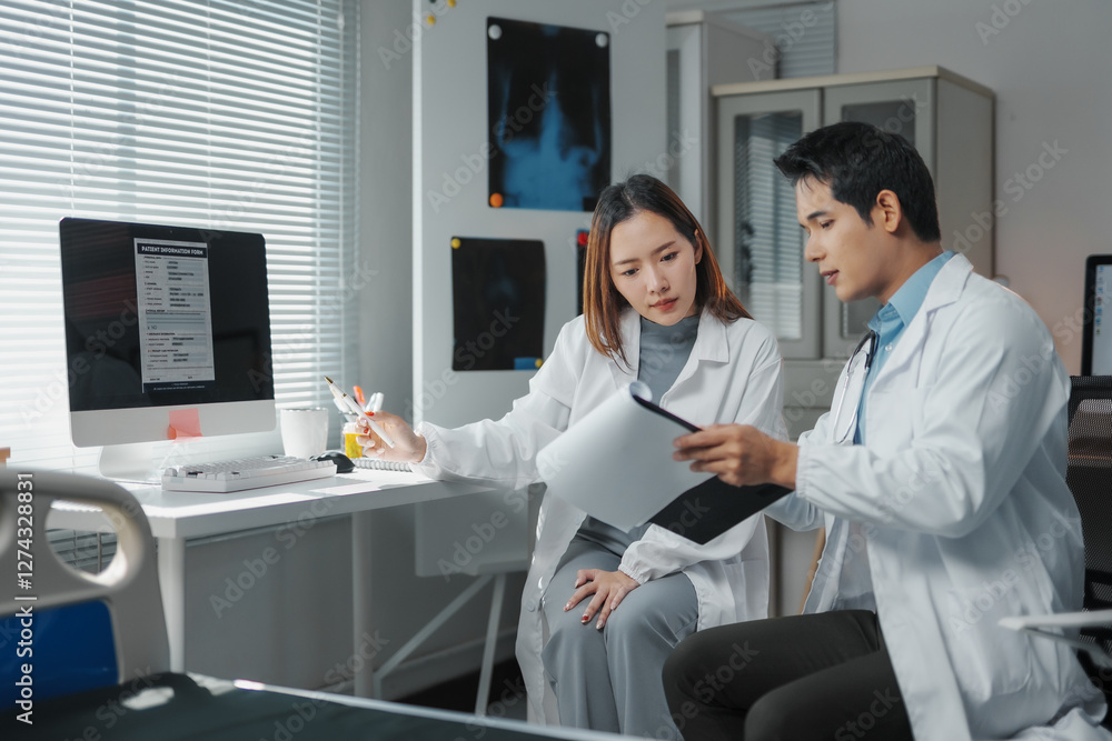 Doctors reviewing medical records discussing patient diagnosis in hospital room Doctors reviewing medical records discussing patient diagnosis in hospital room