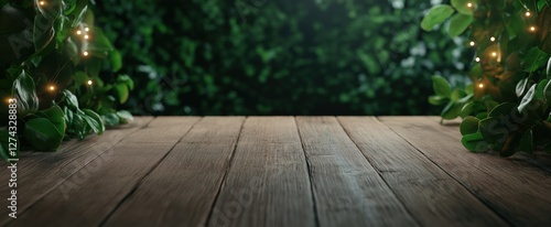 Inviting wooden table adorned with greenery and fairy lights in a cozy ambiance
