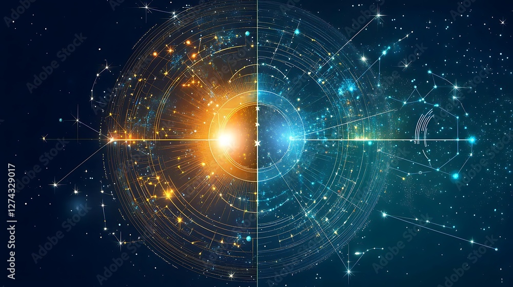 Obraz premium Cosmic Energy Divide with Golden and Blue Spiral Patterns Illustrating Astronomical Elements in Space