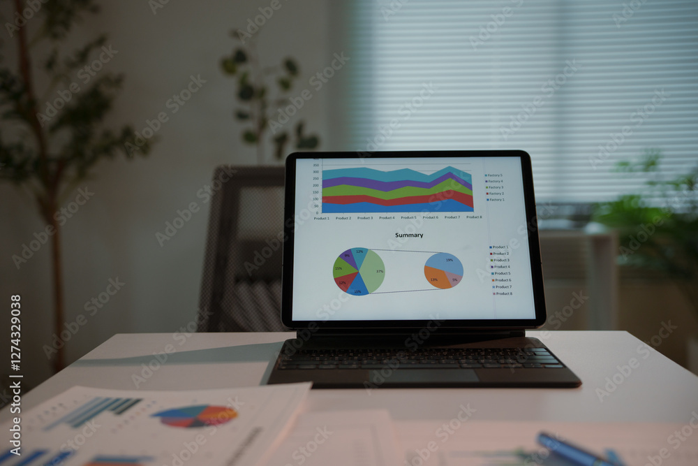 Tablet displaying business charts and graphs in a modern office setting Tablet displaying business charts and graphs in a modern office setting