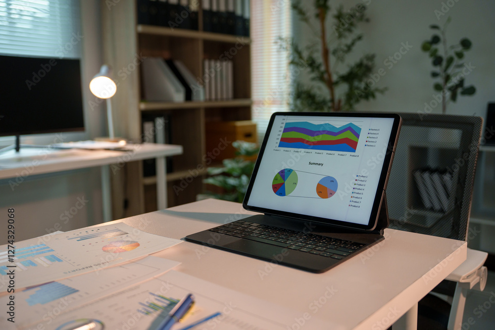 Tablet Showing Financial Charts and Statistics on Office Desk Tablet Showing Financial Charts and Statistics on Office Desk