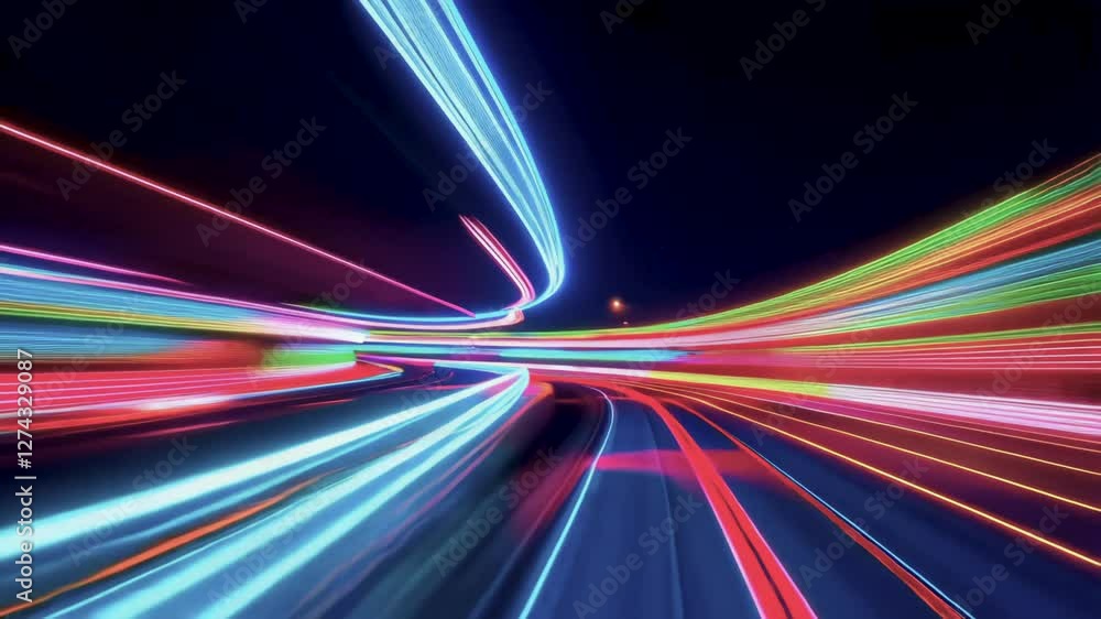 Dynamic neon light trails in motion, creating a futuristic and high-speed digital tunnel effect. Concept of fast-paced technology and cyber world Dynamic neon light trails in motion, creating a futuristic and high-speed digital tunnel effect. Concept of fast-paced technology and cyber world