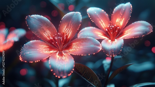 Vibrant glowing flowers with intricate details illuminated in a mystical garden setting at night