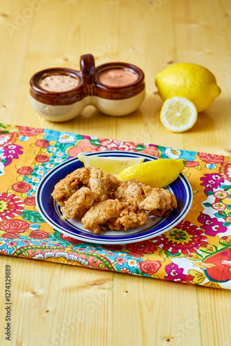 crispy fried oysters served with a remoulade dipping sauce and fresh lemon, on a blue plate photo