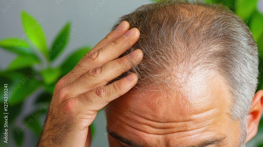 Fototapeta premium A man shows signs of hair thinning while examining his scalp, surrounded by lush green plants, indicating a concern for hair health.