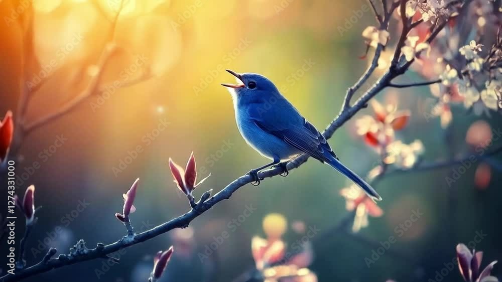 Scene of a small blue bird singing on a tree branch, smooth repeating motion for background video animation Scene of a small blue bird singing on a tree branch, smooth repeating motion for background video animation
