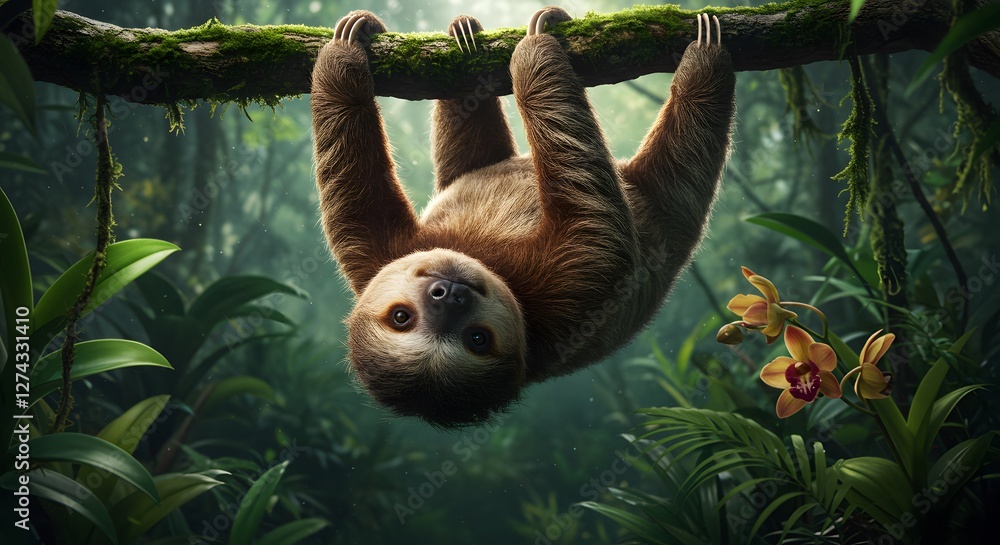 Obraz premium Sloth Hanging From Branch in Jungle with Orchid Flowers Nearby