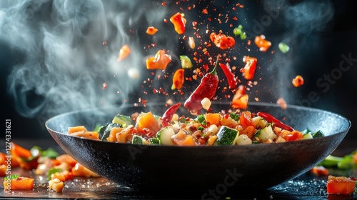 Colorful vegetables and spices being tossed in a sizzling pan, creating a dynamic cooking scene