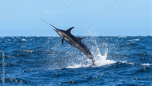 Majestic black marlin leaping from ocean sunlight glistening on water droplets