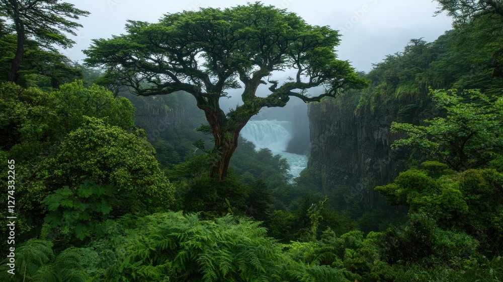 Obraz premium Majestic Tree Frames Waterfall in Lush Green Forest