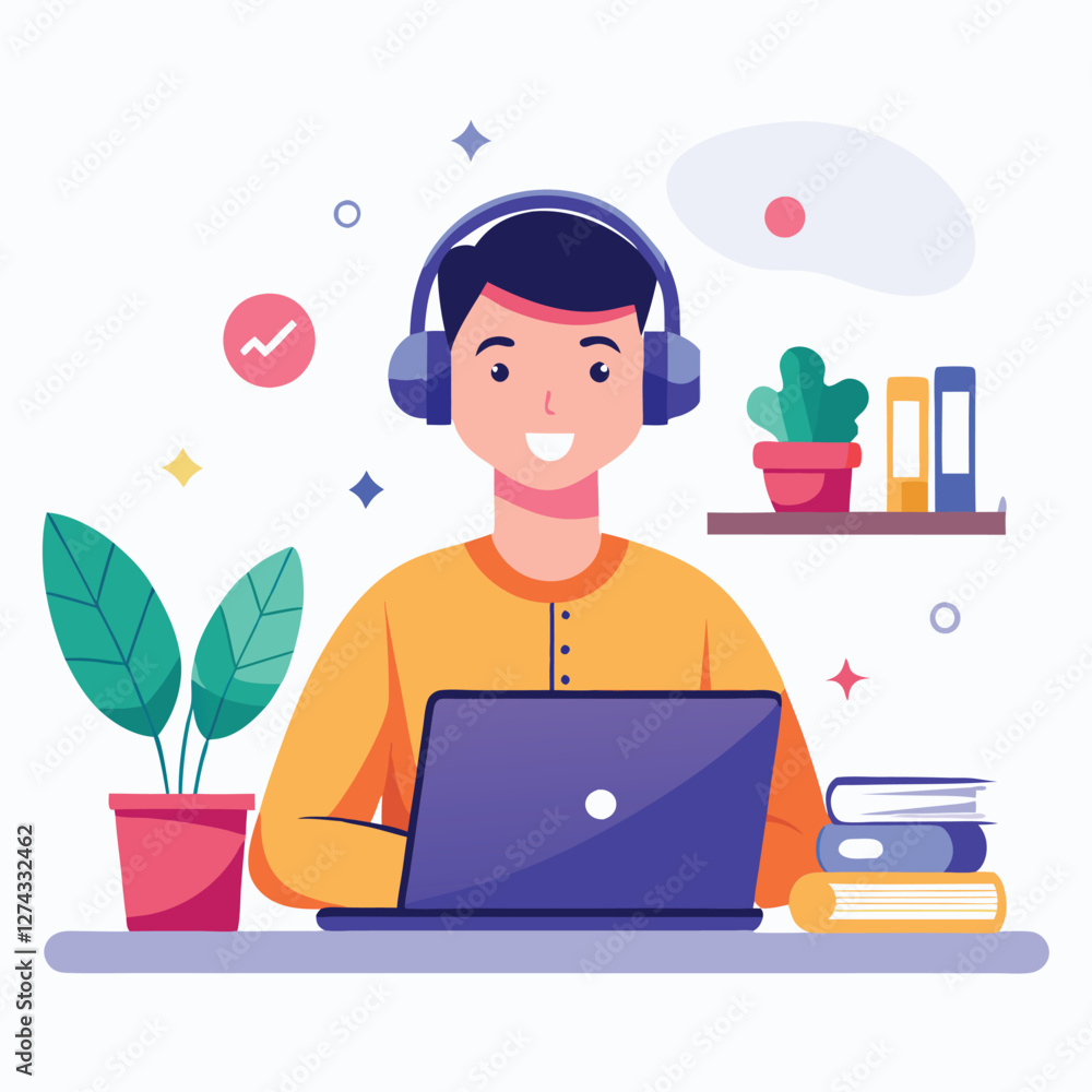 man in headphones, studying at laptop. Happy female student watching business webinar. Video conference call, remote work communication. Flat vector illustration isolated on white background man in headphones, studying at laptop. Happy female student watching business webinar. Video conference call, remote work communication. Flat vector illustration isolated on white background
