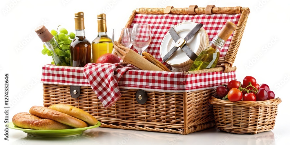 Picnic Basket with Food and Wine on White Background Picnic Basket with Food and Wine on White Background