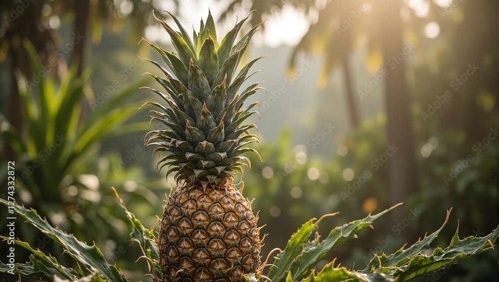 Fototapeta premium Ripe pineapple with golden exterior in tropical garden
