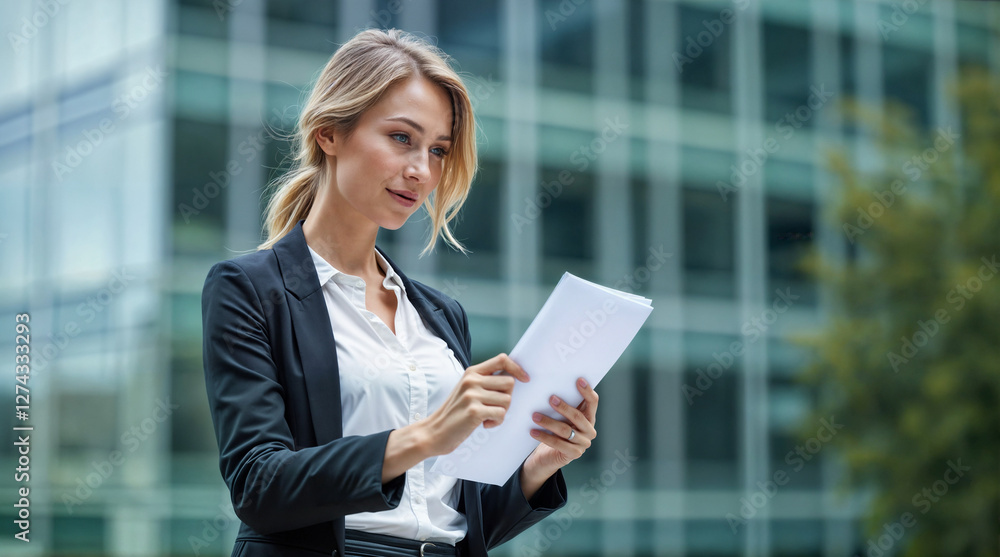 Professional businesswoman, blonde hair, confident posture, reading document, navy blazer, white blouse, office building background, natural lighting, thoughtful expression. Professional businesswoman, blonde hair, confident posture, reading document, navy blazer, white blouse, office building background, natural lighting, thoughtful expression.