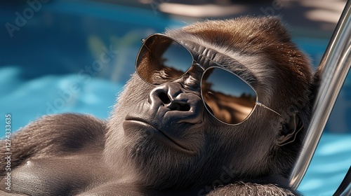 A laid-back gorilla is lounging by the poolside, sporting stylish sunglasses while enjoying the warm rays of a sunny day