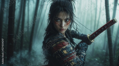 Fierce female samurai warrior with blood-stained katana in misty bamboo forest at dawn, red and black armor with dragon motifs