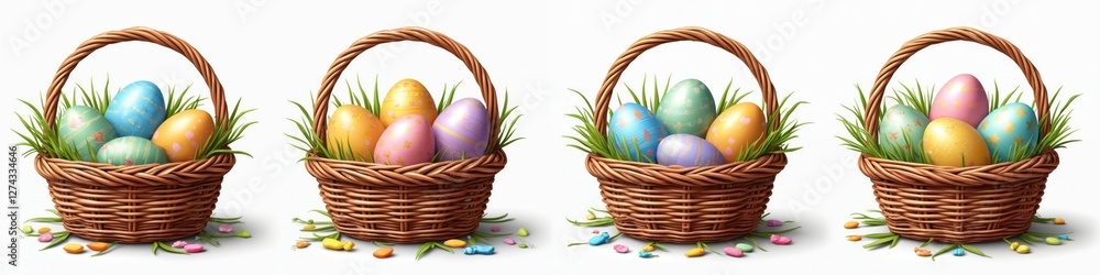 Festive Easter basket icon set. Collection of wicker baskets with colorful assorted eggs, grass, candy. Isolated on transparent background. Spring religious holiday decoration for graphic design Festive Easter basket icon set. Collection of wicker baskets with colorful assorted eggs, grass, candy. Isolated on transparent background. Spring religious holiday decoration for graphic design