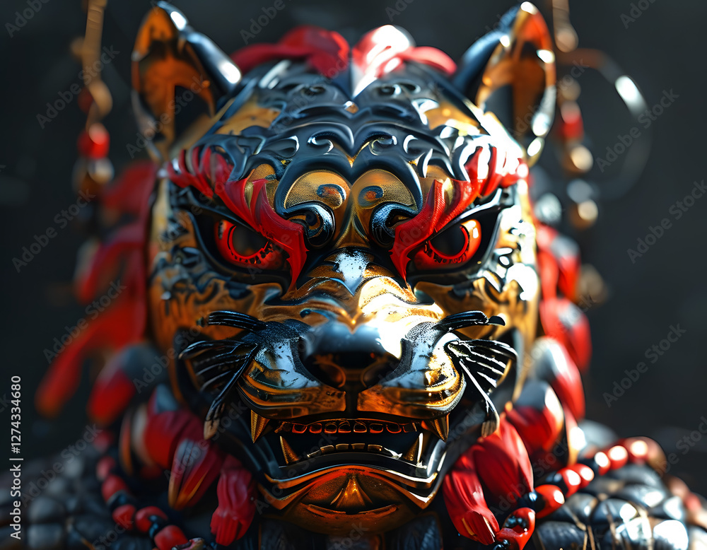 Close-up of a Golden Tiger Mask with Red Accents Close-up of a Golden Tiger Mask with Red Accents
