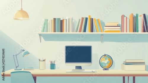 Wallpaper Mural Study Room, Bookshelf, Desk, Computer. Interior scene.  Use for education, business, design Torontodigital.ca