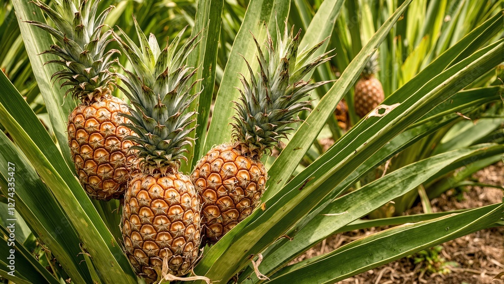 Fototapeta premium Ripe golden pineapples on lush green leaves in tropical plantation