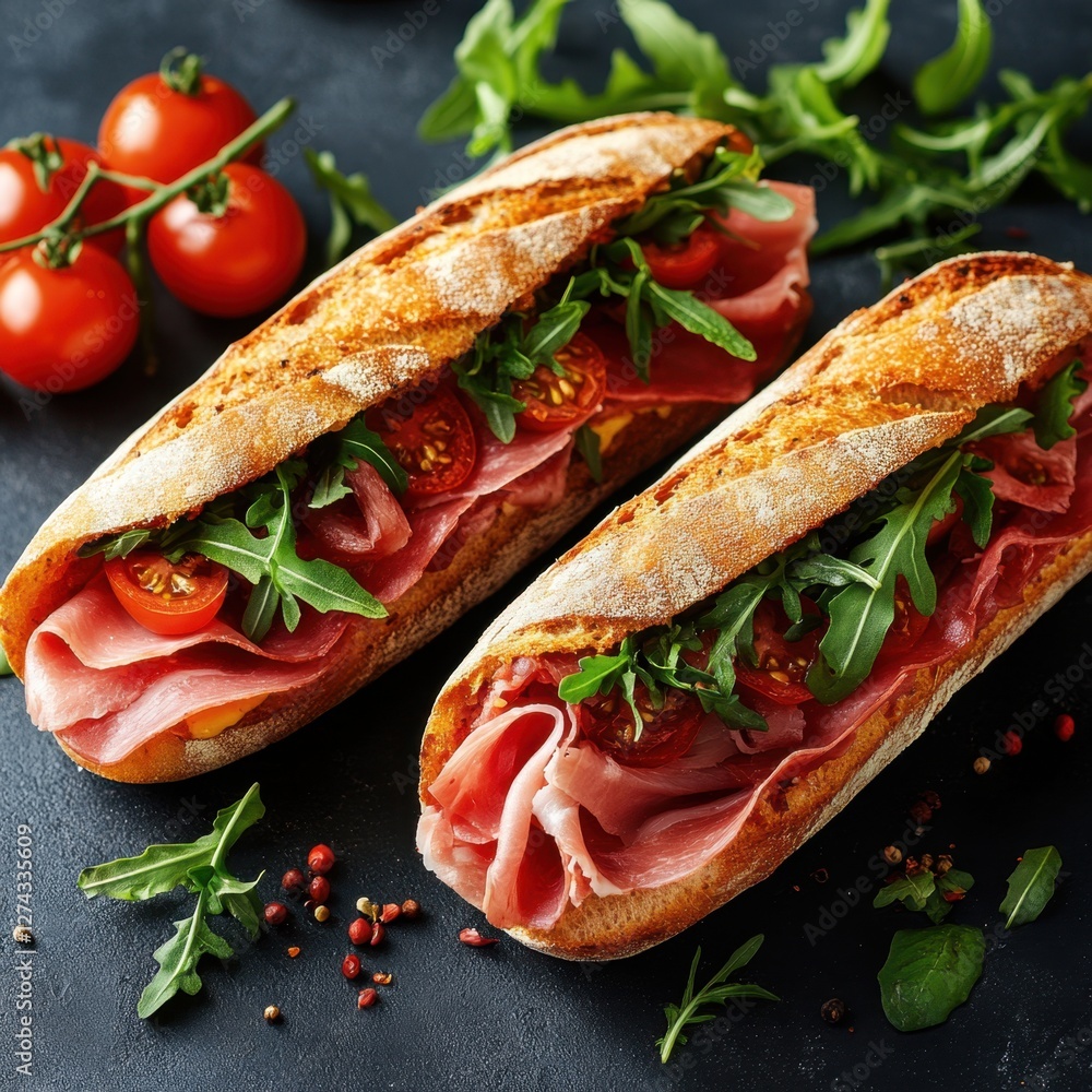 Two appetizing baguette sandwiches filled with fresh prosciutto tomato and arugula on dark surface