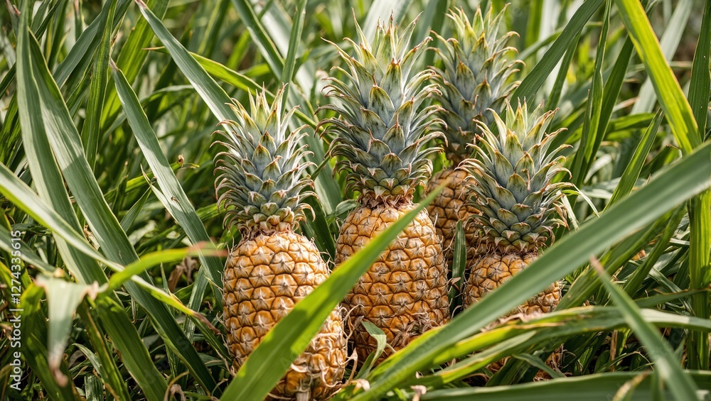 Ripe golden pineapples on lush green leaves in tropical plantation Ripe golden pineapples on lush green leaves in tropical plantation