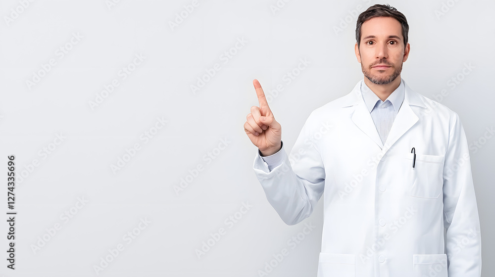 Closeup doctor man wearing medical coat pointing with hand and finger up Closeup doctor man wearing medical coat pointing with hand and finger up