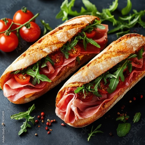 Obraz na płótnie Two appetizing baguette sandwiches filled with fresh prosciutto tomato and arugula on dark surface w salonie