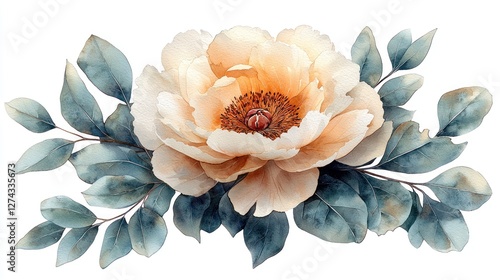 Elegant watercolor illustration of a soft peach peony flower surrounded by lush green leaves