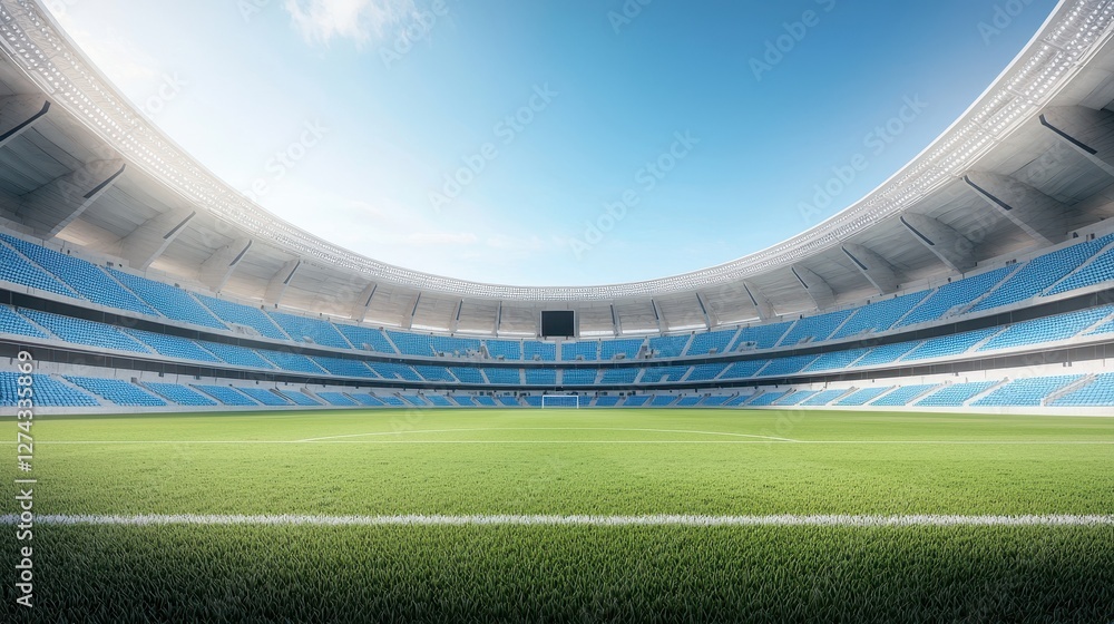 Fototapeta premium A panoramic view of a modern stadium with a lush green field, bright blue sky, and empty seating, perfect for hosting thrilling sports events.