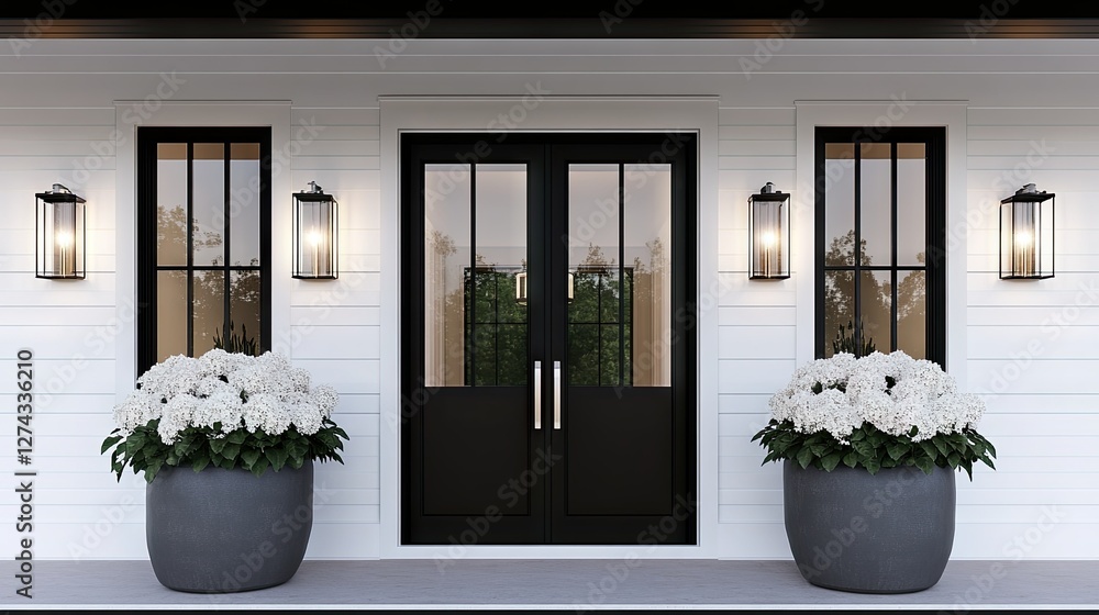 Fototapeta premium Elegant front entrance featuring double doors with black accents and blooming white flowers in large planters at sunset