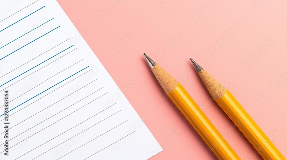Two yellow pencils placed beside a lined notepad on a soft pink background, ideal for educational and creative themes. Two yellow pencils placed beside a lined notepad on a soft pink background, ideal for educational and creative themes.
