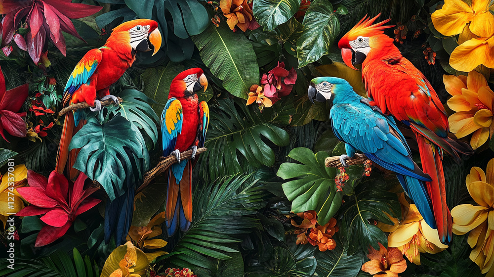 Fototapeta premium Colorful parrots perched among vibrant tropical foliage in a lush garden