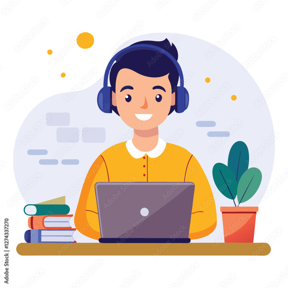 man in headphones, studying at laptop. Happy female student watching business webinar. Video conference call, remote work communication. Flat vector illustration isolated on white background man in headphones, studying at laptop. Happy female student watching business webinar. Video conference call, remote work communication. Flat vector illustration isolated on white background