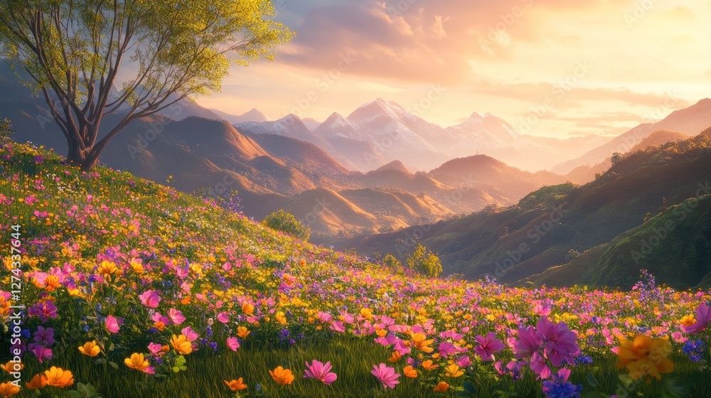 Obraz premium Mountain Meadow Sunset Vibrant Wildflower Bloom