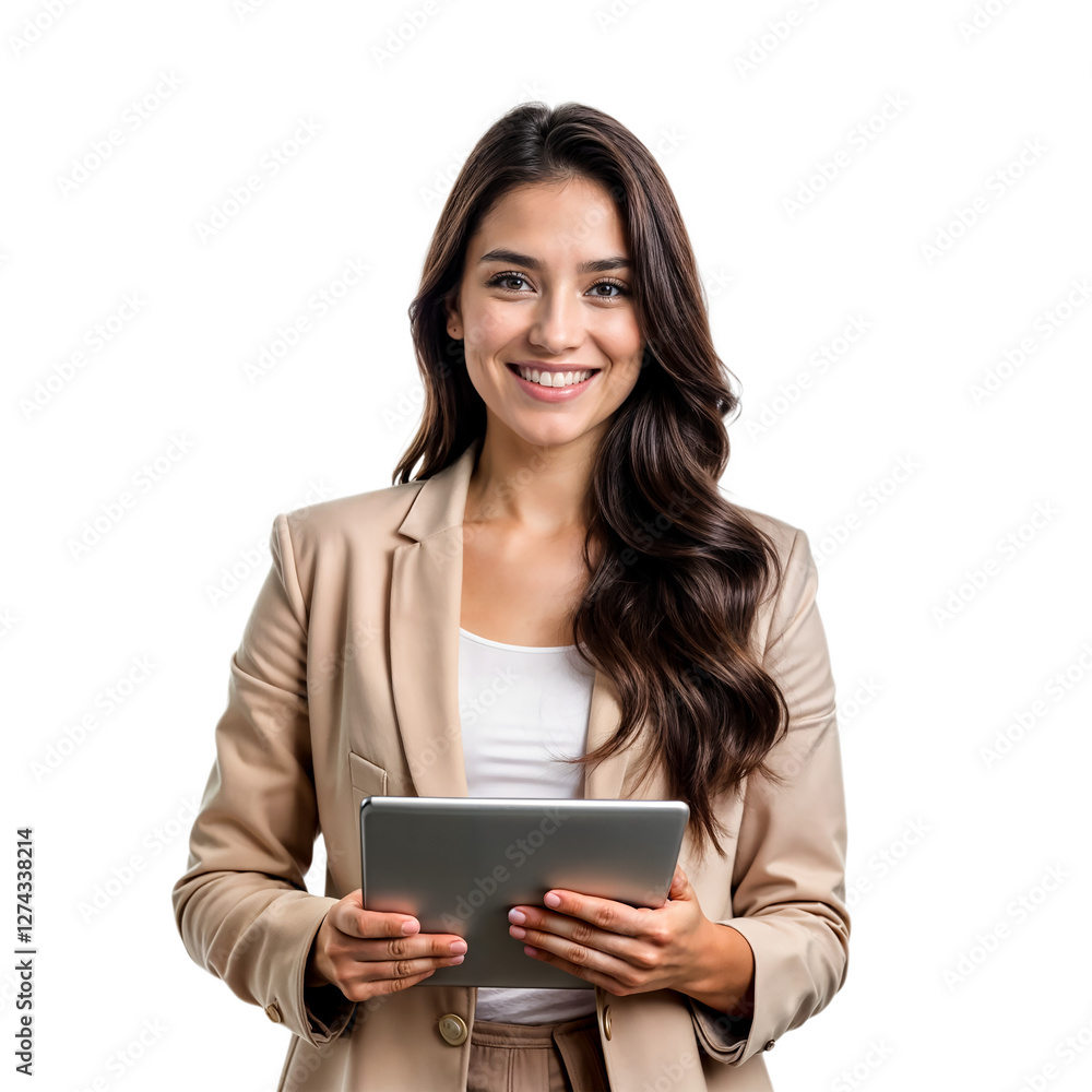 Portrait of a smiling young businesswoman holding a tablet isolated on a transparent background, Png. Portrait of a smiling young businesswoman holding a tablet isolated on a transparent background, Png.