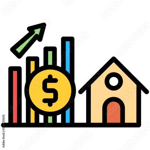 Colorful Flat Outlined House Price Increase Icon