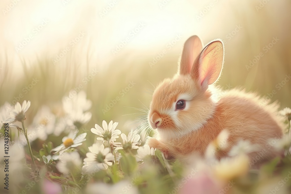 Fototapeta premium A heartwarming photograph of a young rabbit nestled among a field of wildflowers. A rabbit sits amidst vibrant flowers in a sunlit field, enjoying the warmth of a bright, sunny day.