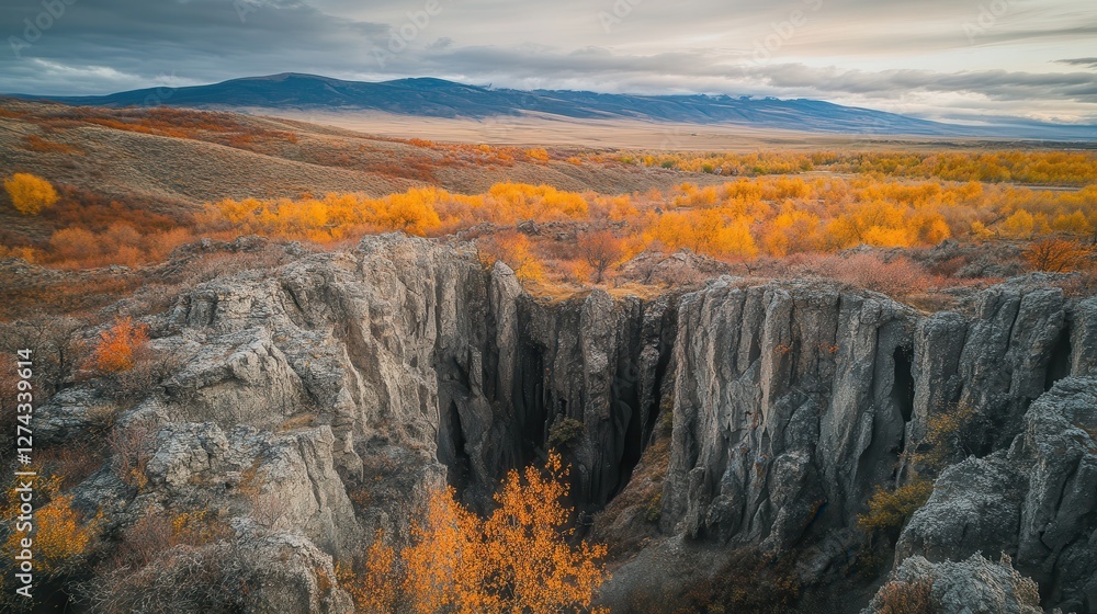 Obraz premium Autumn landscape with rocky cliffs and vibrant orange foliage in a scenic mountainous area under a cloudy sky, ideal for nature photography.