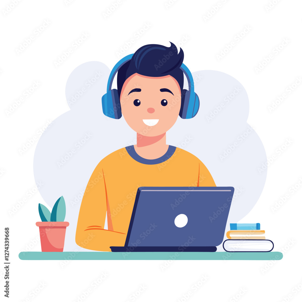 man in headphones, studying at laptop. Happy female student watching business webinar. Video conference call, remote work communication. Flat vector illustration isolated on white background man in headphones, studying at laptop. Happy female student watching business webinar. Video conference call, remote work communication. Flat vector illustration isolated on white background