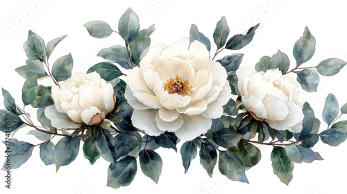 Elegant watercolor floral arrangement featuring white peonies and green leaves on a clean background